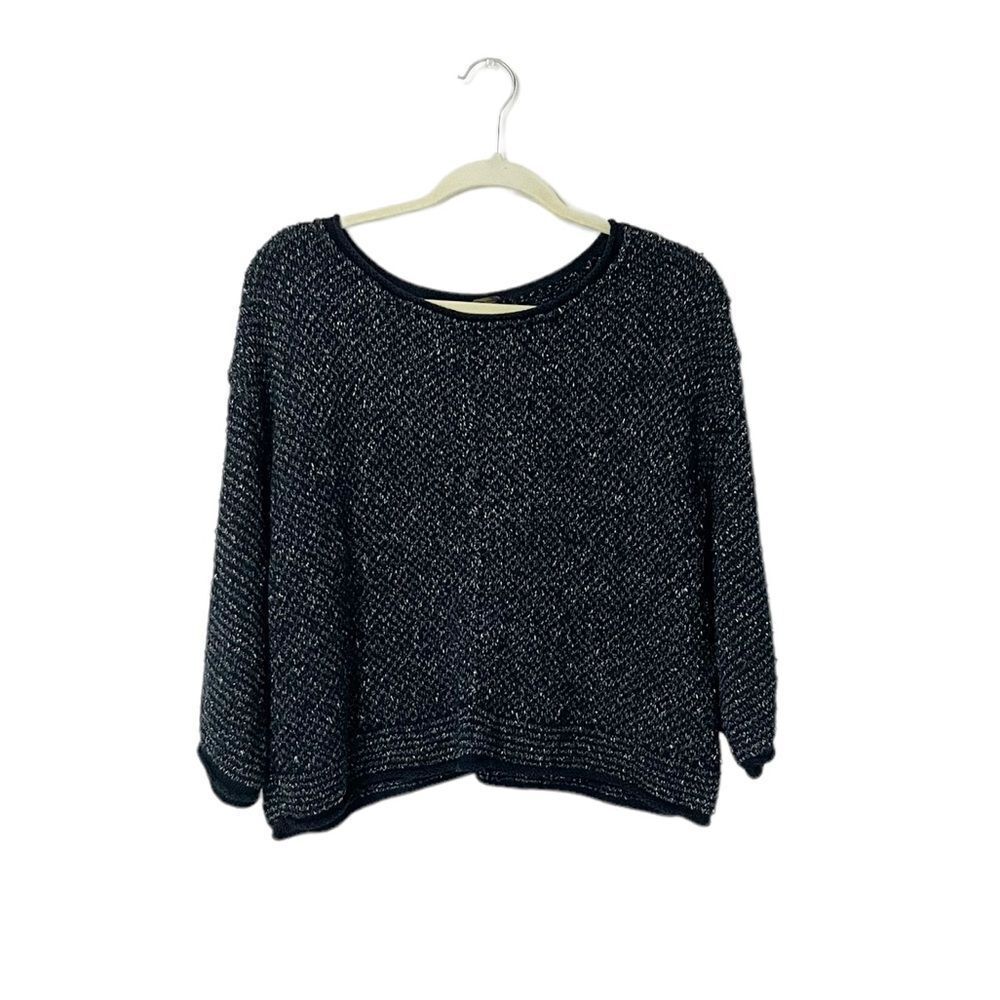 Free People Midnight Knit 3/4 Sleeve Blue & White Oversized Crop Sweater Size SP